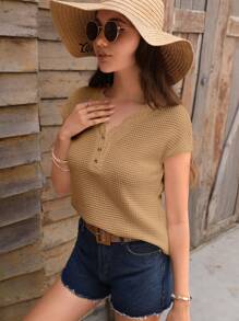 SHEIN LUNE 蕾絲邊華夫格編織T恤 - 卡其色 - 查看 5