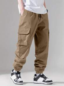 Yemwry Men Flap Pocket Side Drawstring Waist Cargo Pants, For Fall