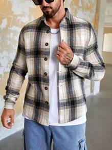 Mainfolk Loose Fit Men Plaid Print Button Front Overcoat, For Fall Winter - Multicolor - View 4