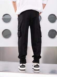 SHEIN 男大童字母織帶側翻蓋口袋工裝褲