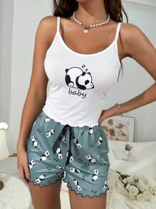 Panda & Letter Graphic Lettuce Trim Cami Top & Shorts PJ Set - Green - View 4