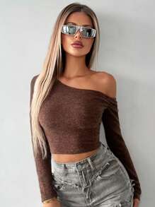 SHEIN ICON Asymmetrical Neck Crop Tee - Chocolate Brown - View 4