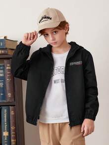 SHEIN Tween Boy Waterproof Fabric Letter Print Zipper Hooded Jacketsuitable For Autumn And Winter - Black - View 9