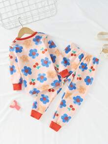 Young Girl Floral Print Contrast Trim PJ Set - Baby Pink - View 2