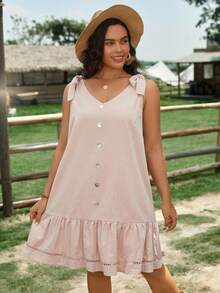 SHEIN VCAY 大碼肩上打結荷葉邊洋裝 - 杏色 - 查看 3