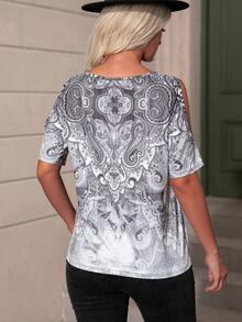 SHEIN LUNE Paisley Print Cold Shoulder Tee - Black - View 2