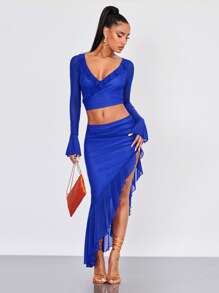 SHEIN BAE Asymmetrical Ruched Ruffle Hem Skirt - Royal Blue - View 4