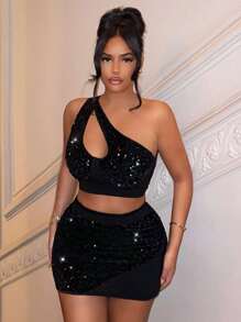 SHEIN SXY 單肩短款亮片上衣&包臀半身裙 - 黑色 - 查看 1