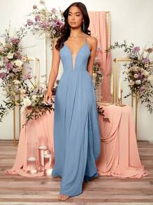 SHEIN Belle Mesh Insert Split Thigh Cami Dress - Dusty Blue - View 5