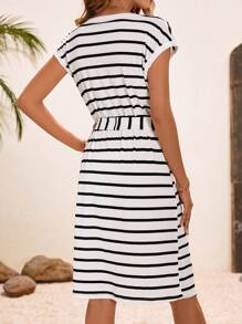 SHEIN Essnce Striped Print Batwing Sleeve Belted Dress - Black and White - View 2