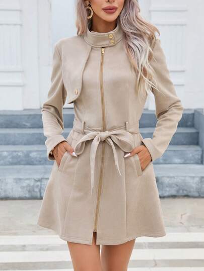 Firerie Flap Detail Belted Zip Up Coat In Fall/Winter
