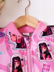 SHEIN Young Girl Figure & Letter Graphic Zip Up Bomber Jacket - Pink - View 4
