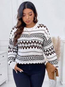 Calvaya 加大码几何图案落肩针织套头衫秋冬毛衣 - 彩色 - 查看 6