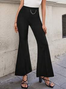 EURMUSE Women's Casual Fashion Street Style Everyday Commute Simple Versatile Solid Color Chain Decor Flare Pants - Black - View 1