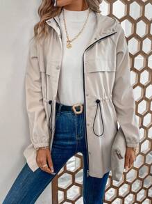 SHEIN LUNE Drawstring Waist Hooded Trench Coat - Beige - View 2
