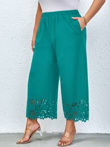 SHEIN Clasi Plus Laser Cut Out Wide Leg Pants - Green - View 2