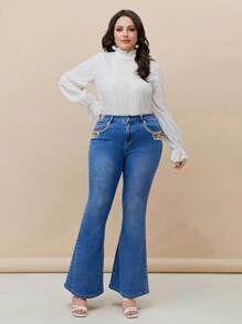 Mulvari 大碼花卉刺繡牛仔喇叭褲 - 中等水洗藍 - 查看 3