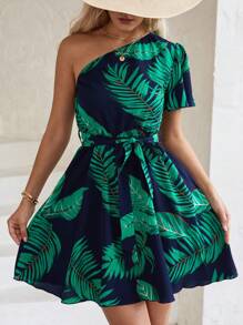 SHEIN VCAY 熱帶圖案單肩繫腰帶洋裝 - 藍色 - 查看 1