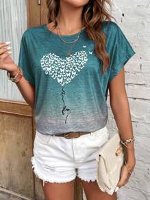 EMERY ROSE Heart Print Batwing Sleeve Tee