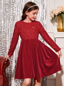 SHEIN Tween Girl Bow Back Sequin Panel Velvet Party Dress for Christmas - Red - View 2