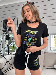 Studio Chunk Halloween Slogan & Cartoon Graphic PJ Set