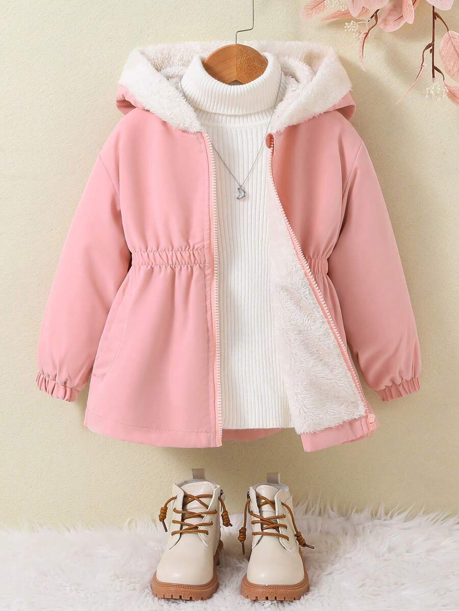SHEIN 女小童拉鏈開襟毛絨內襯連帽外套無毛衣 - 粉色 - 查看 1