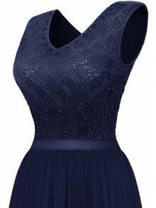 Lace Insert V Neck Maxi Party Dress - Navy Blue - View 6