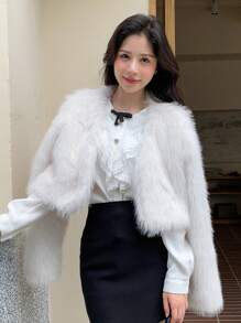 DAZY Solid Open Front Crop Fuzzy Coat Women Jacket,Fall Women Clothes Faux Fur Coat