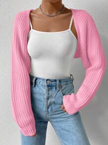 SHEIN EZwear Solid Ribbed Knit Shrug Pink Cardigan,Long Sleeve Tops In Fall/Winter - Coral Pink - View 4