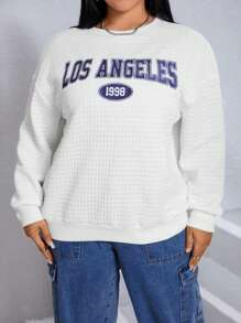 SHEIN EZwear 大碼字母圖案落肩運動衫 - 白色 - 查看 5