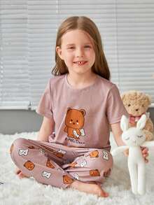 SHEIN Young Girl Bear Print PJ Set - Multicolor - View 2