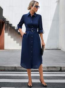 SHEIN Clasi Roll Tab Sleeve Belted Shirt Dress - Navy Blue - View 3