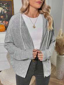 SHEIN LUNE Zip Up Drawstring Hooded Cardigan - Light Grey - View 5