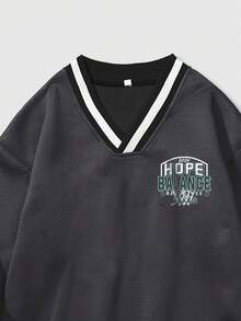 ROMWE MEN Prep 男士信件圖形條紋修飾保暖衬里衛衣 - 深灰色 - 查看 5