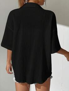 SHEIN EZwear 素色落肩袖前紐扣襯衫 - 黑色 - 查看 2