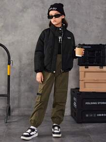 SHEIN Tween Girl Letter Patched Detail Drop Shoulder Padded Coat - Black - View 5