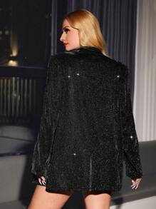 SHEIN Privé 大碼西裝領金屬亮絲西裝外套 - 黑色 - 查看 2