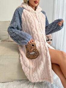 Cartoon Embroidery Raglan Sleeve 3D Ear Design Hooded Sleep Robe - Multicolor - View 5