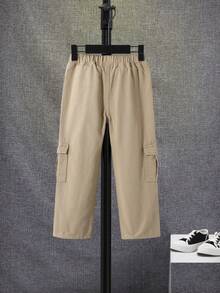 SHEIN 男小童側翻蓋口袋工裝牛仔褲 - 卡其色 - 查看 2