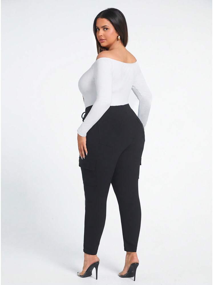 Plus Drawstring Waist Flap Pocket Side Cargo Pants
