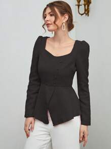 Modelyn 雞心領口紐扣細節不對稱下擺襯衫 - 黑色 - 查看 4