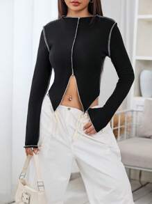 SHEIN EZwear 頂針下擺開叉T恤 - 黑色 - 查看 4