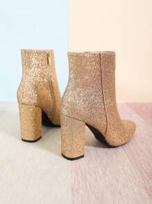 Botines Cortos De Tacón Grueso Para Fiestas De Moda Con Brillo Para Mujeres, Botines De Tacón Alto Para Tobillo - Dorado - Ver 3