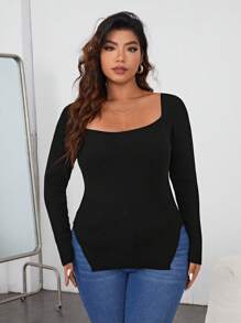 SHEIN Essnce Plus Scoop Neck Split Hem Sweater, For Winter - Black - View 5