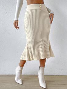 SHEIN Privé Button Detail Mermaid Hem Knit Skirt - Apricot - View 5