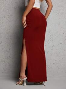 SHEIN PETITE Solid Split Thigh Ruched Side Skirt - Burgundy - View 2