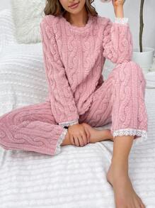 Lace Trim Flannel PJ Set - Pink - View 4