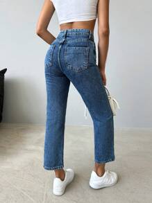 EURMUSE High Waist Straight Leg Cropped Jeans - Medium Wash - View 2