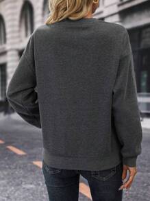 SHEIN LUNE 休闲字母刺绣圆领卫衣，秋冬 - 深灰色 - 查看 2