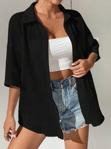 SHEIN EZwear 素色落肩袖前紐扣襯衫 - 黑色 - 查看 1